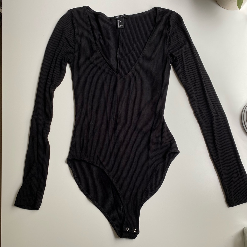 Black Ribbed Long Sleeve Bodysuit